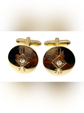 Vintage Mid Century Gold Tone Geometric Rhinestone Cufflinks 1960s Retro Style